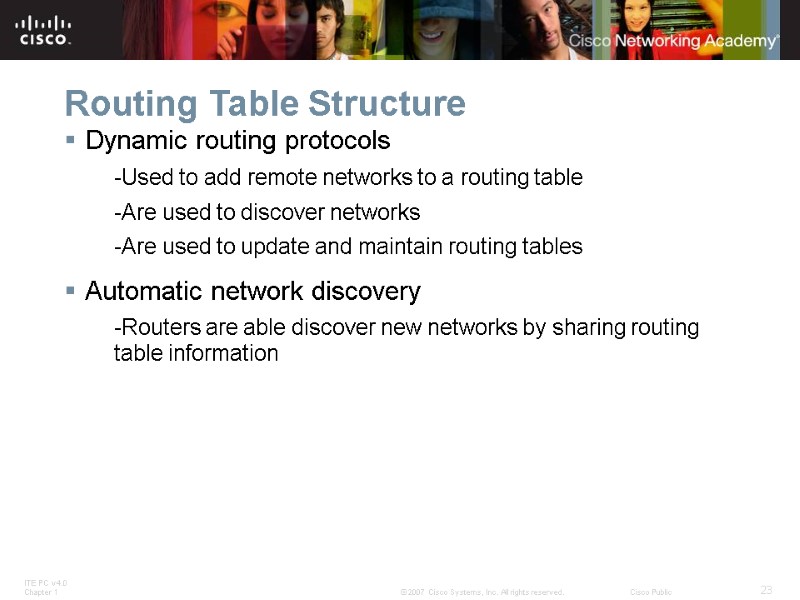Routing Table Structure Dynamic routing protocols -Used to add remote networks to a routing